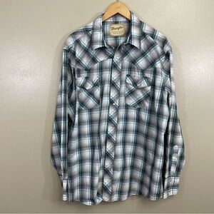 Wrangler Men's XL-2XL Western Blue White Plaid Long Sleeve Pearl Snap Shirt